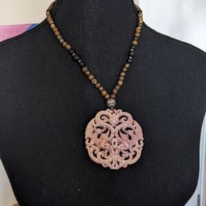 pink Chinese Stone Pendant Necklace With Black And Brown Beads
